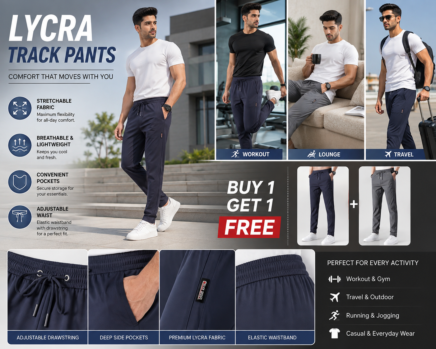 Vellivo Lycra Track Pants – Buy 1 Get 1 Free | Men's Joggers
